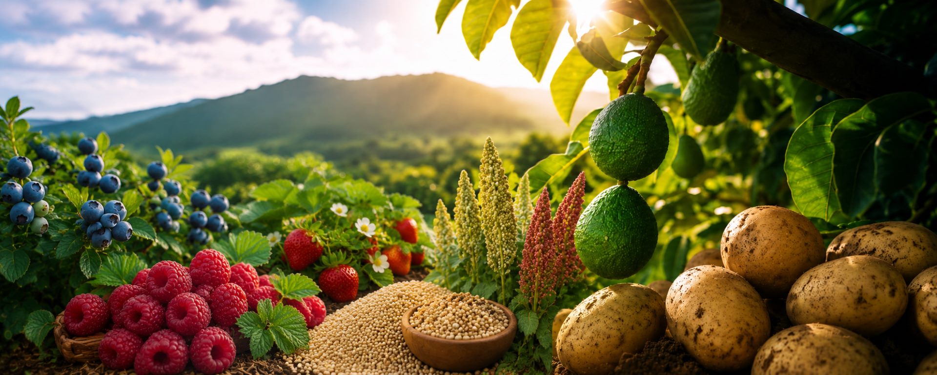 Paisaje agrícola con cultivos, frutos y luz de amanecer